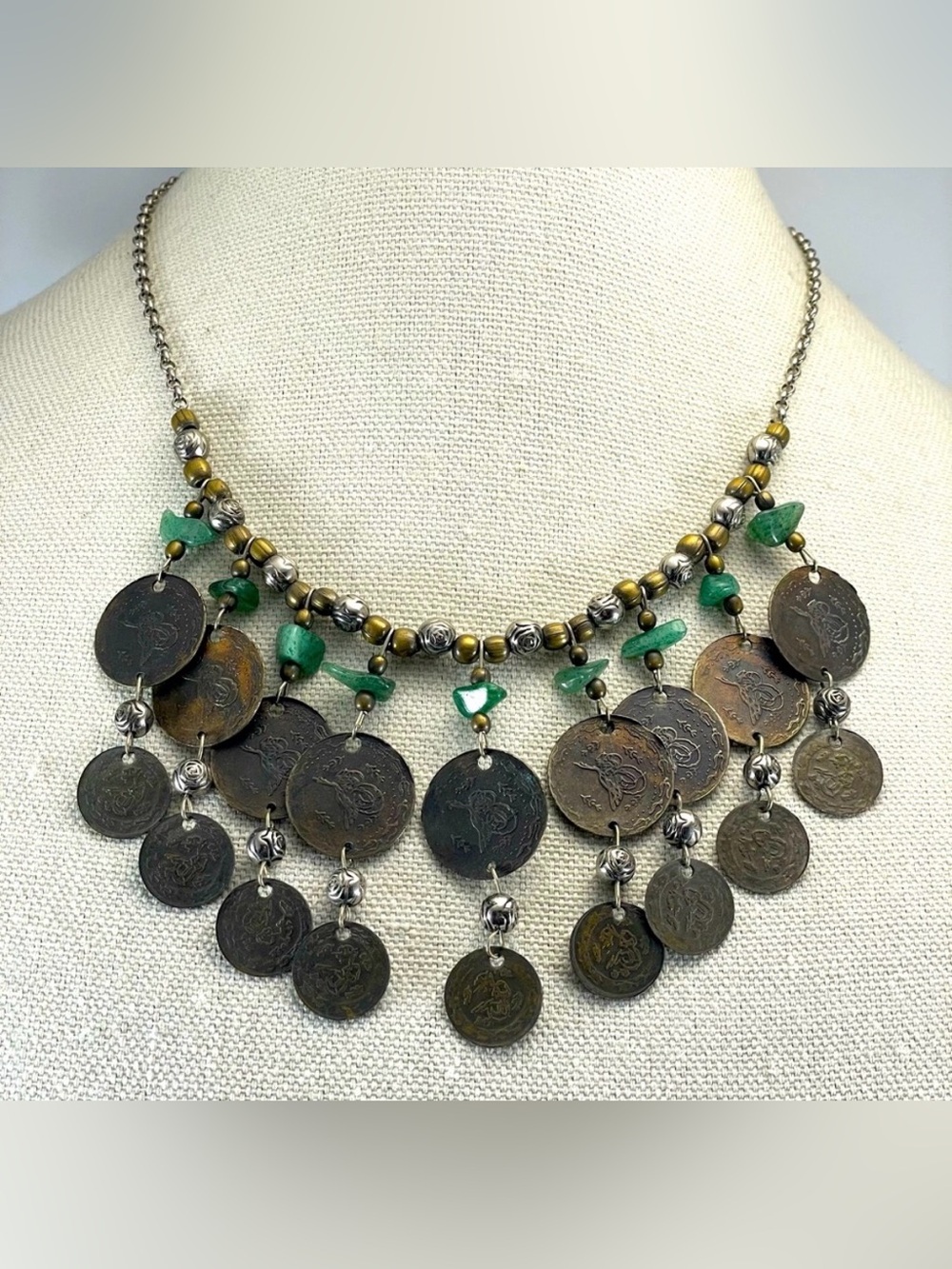 Moroccan Berber 18 Silver Coin Necklace, Vintage 1940’s Aventurine Statement